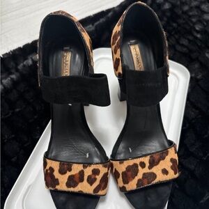 BCBGMaxAzria Leopard Print Block Heel Sandals with Black Straps